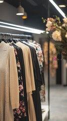Fototapeta premium Stylish clothing on hangers in a modern boutique, featuring vibrant patterns and elegant designs in a well-lit environment.