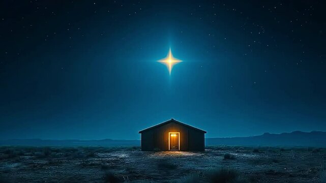 Stars twinkle in the shape of a cross, a tiny cottage, and the cozy ambiance of the idea of Jesus Christ's Christmas night. 