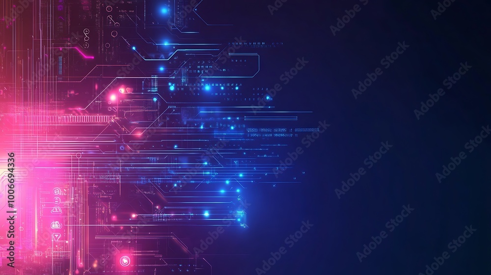 Poster Abstract digital circuit board with glowing lines and data streams in pink and blue hues on a dark background.