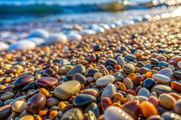 Obraz premium Close-up of smooth colorful pebbles on beach with ocean background