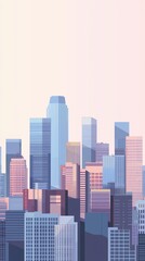 Obraz premium Stylized city skyline with modern skyscrapers and soft pastel hues, perfect for backgrounds or urban-themed projects.