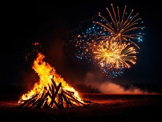 A vibrant bonfire with spectacular fireworks in the night sky, creating a festive atmosphere and celebrating togetherness.