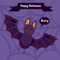  Purple Halloween poster.Ghost. Trendy flat style and funny characters. Cute vector poster for postcard, flyer, banner
