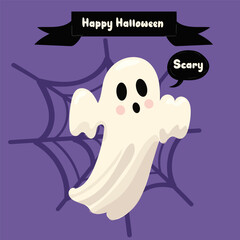  Purple Halloween poster.Ghost. Trendy flat style and funny characters. Cute vector poster for postcard, flyer, banner