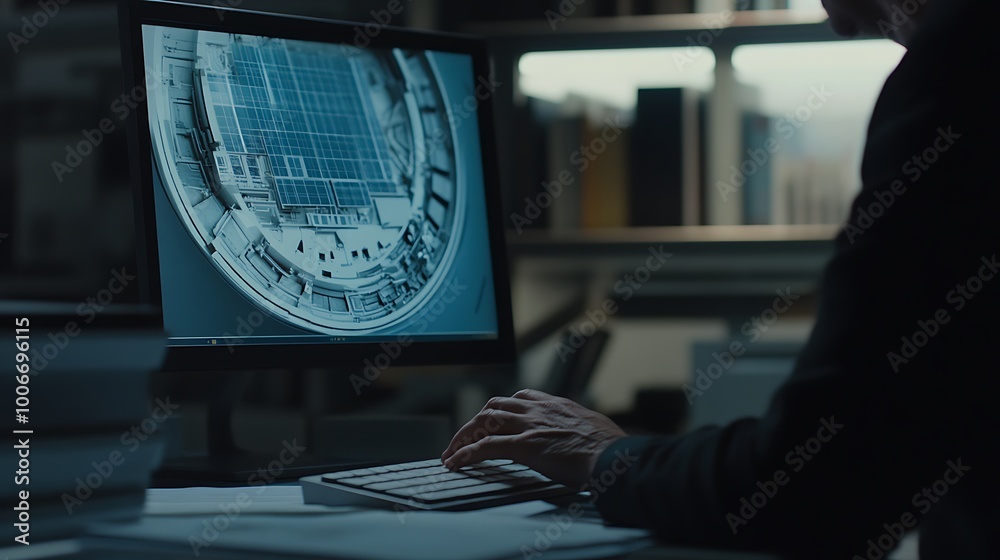 Poster Engineer Typing While Developing 3D Solar Panel Model