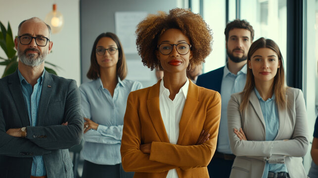A diverse group of professionals from different global careers, standing in a modern office, connected and dynamic