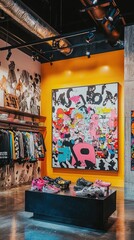 Fototapeta premium Vibrant apparel store interior featuring colorful artwork and stylish clothing displays, creating an energetic shopping atmosphere.