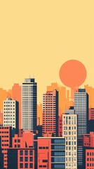 Vibrant city skyline at sunset, showcasing modern architecture and warm color tones, creating an inviting urban atmosphere.