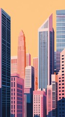 Fototapeta premium Vibrant cityscape featuring modern skyscrapers with a stunning pastel sunset backdrop, perfect for urban and architectural themes.