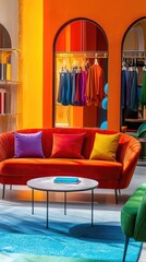 Vibrant interior design featuring colorful sofa, stylish decor, and a lively atmosphere in a fashionable clothing store.