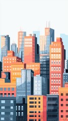 Vibrant urban skyline with colorful buildings, showcasing modern architecture and city life in a bright, artistic style.