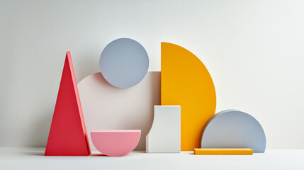 Creative composition of abstract shapes on a white background, minimalist design, bright and clean, professional studio lighting