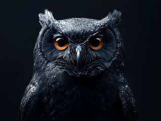 A close up of an owl with orange eyes on a black background © VISUAL BACKGROUND