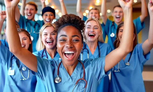 A lively group of healthcare workers expresses their joy and camaraderie, showcasing their passion for helping patients and making a difference together