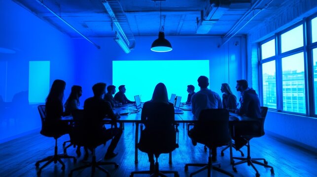 Team Meeting in Modern Office with Blue Lighting Effects
