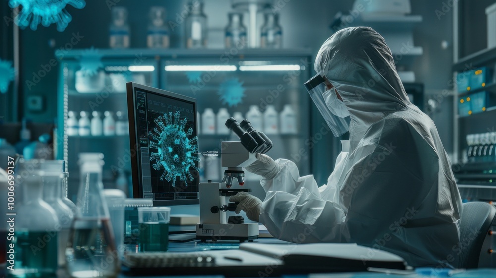 Poster A scientist is working in a lab with a computer monitor displaying a virus