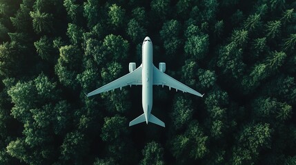 passenger plane flies over forest with green trees, top view