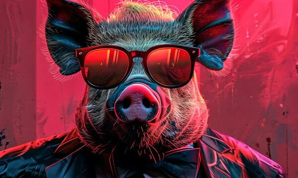 A fashionable pig dons sunglasses and a tuxedo, exuding charm and charisma in a colorful urban atmosphere filled with vibrant lighting and nightlife allure