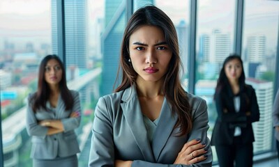 In a dynamic urban office, three women exude confidence and strength, showcasing their determination and ambition in the fast-paced world of business