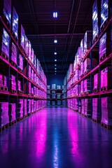 Vibrant warehouse interior showcasing organized pallets and illuminated shelves, perfect for logistics, storage, and industrial-themed projects.