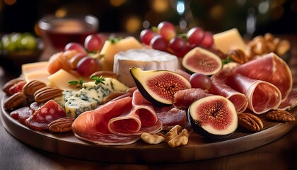 Mouthwatering platter of salami, prosciutto, figs, and gourmet cheeses perfect for sharing at a social gathering. Generative AI