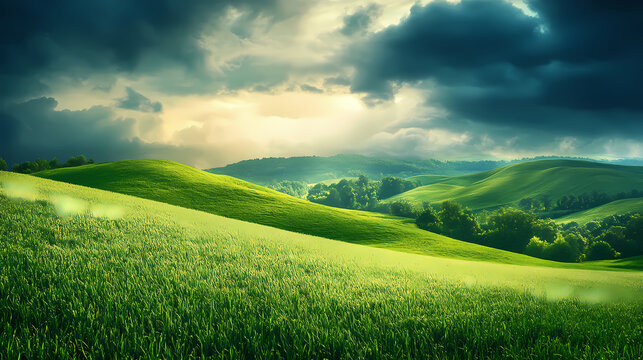 Scenic landscape of rolling hills and lush green meadows under dramatic stormy sky nature photography. Rolling Meadows. Illustration