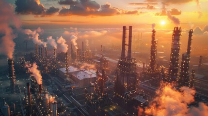 Fototapeta premium A city skyline with a large industrial area with many factories