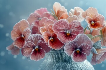 Pink flowers covered in frost resting in crystal vase