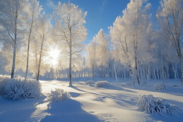Obraz premium Sun shining through snow covered trees in forest