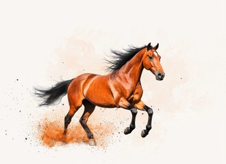 Obraz premium An energetic horse galloping gracefully, showcasing its strength and elegance against a soft, abstract background of warm colors.