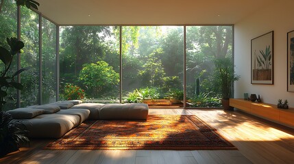 Modern living room interior design with large windows overlooking a lush green garden. Sunlight streams through the glass, illuminating the space with a warm glow.