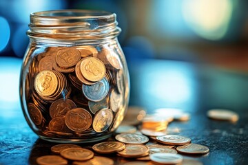Saving for the Future: A glass jar overflows with golden coins, symbolizing financial security and the accumulation of wealth. The image evokes feelings of prosperity and planning for the future.