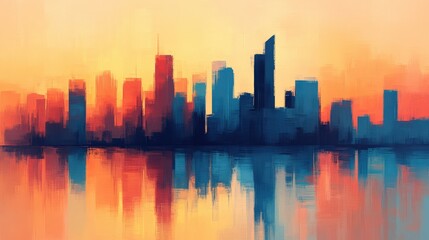 Fototapeta premium A stunning cityscape at sunset, featuring silhouetted skyscrapers and vibrant reflections on the water, creating a serene, artistic atmosphere.