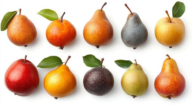 Colecci&oacute;n de peras de diferentes colores y tama&ntilde;os, organizadas en una fila sobre un fondo blanco. Cada pera destaca por su forma &uacute;nica y frescura.