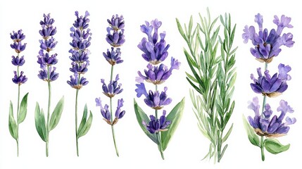 Fototapeta premium A beautiful illustration of various lavender flowers in purple hues, showcasing their delicate petals and vibrant greenery.