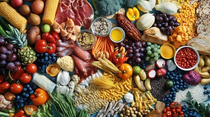An assortment of fruits, vegetables, grains, meats, and other foods showcasing a balanced and nutritious diet.
