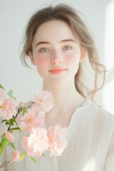 Fototapeta premium Soft Portrait of a Woman with Pink Flowers and Delicate Expression