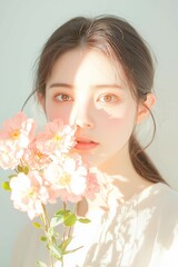 Fototapeta premium Soft Portrait of a Woman with Pink Flowers and Delicate Expression