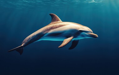 Fototapeta premium A vibrant dolphin gracefully swims through clear blue waters, showcasing its sleek body and playful spirit in an underwater paradise.