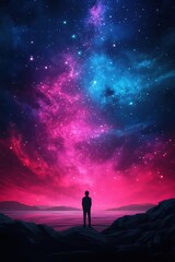 Fototapeta premium A silhouette of a person gazes at a vibrant cosmic sky filled with stars and galaxies, creating a sense of wonder and exploration.