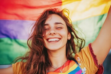 Fototapeta premium Pride in Her Eyes: A young woman beams with joy, her radiant smile reflecting the vibrant rainbow flag she proudly holds, a testament to self-acceptance and the beauty of diversity. 