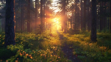 Obraz premium Sunbeams Through the Trees in a Misty Forest