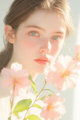 Naklejka premium Soft Portrait of a Woman with Pink Flowers and Delicate Expression