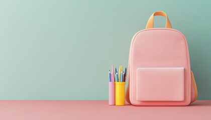 Stylish pink backpack with colorful pens on a pastel background, perfect for school or leisure activities.
