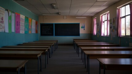 Fototapeta premium The classroom is empty and serene, featuring simple wooden desks arranged in rows, with colorful posters and a blackboard adding to the tranquil atmosphere as the day winds down