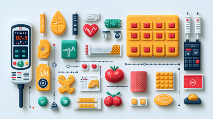 Colorful medical icons and devices arranged in a creative layout, showcasing health and wellness technology.