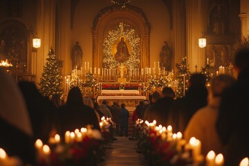 Fototapeta premium Congregation attending christmas mass in church at night