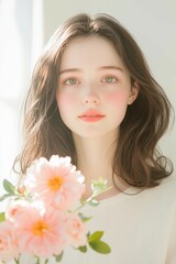 Fototapeta premium Soft Portrait of a Woman with Pink Flowers and Delicate Expression