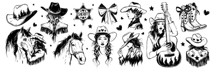 Cowgirl portrait set, vector hand drawn western woman with guitar, grunge Texas female sheriff star. American ranch lady portrait, traditional cowboy hat, boots, horse retro print. Cowgirl portrait