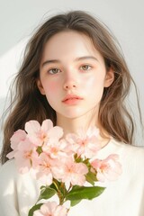 Fototapeta premium Soft Portrait of a Woman with Pink Flowers and Delicate Expression